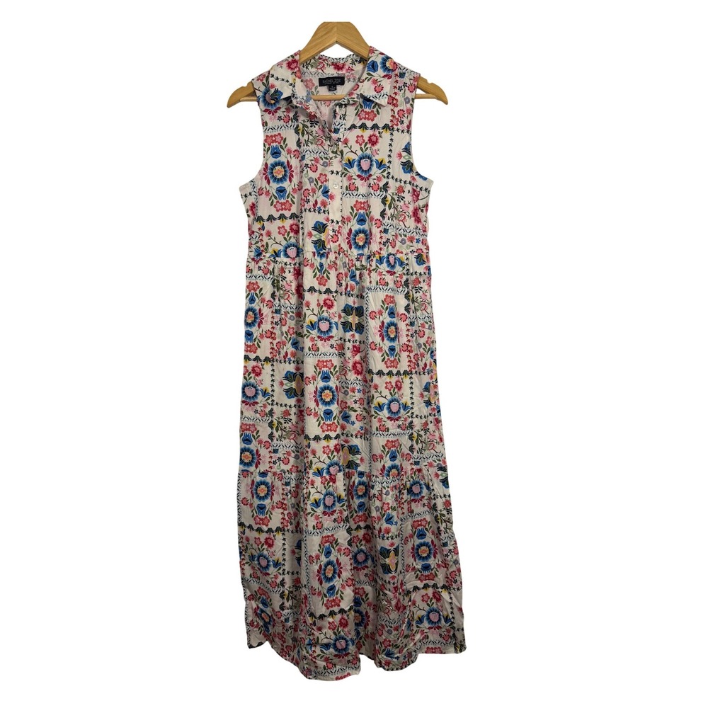 Boho Floral Rachel Zoe Womens Small Sleeveless Tiered Midi‎ Dress White Multi